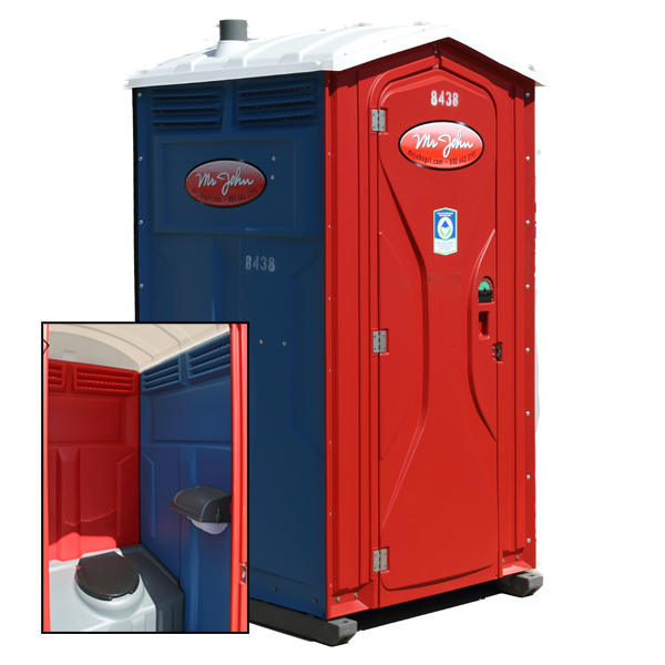 Exterior photo of red white and blue portable toilet with thumbnail of interior