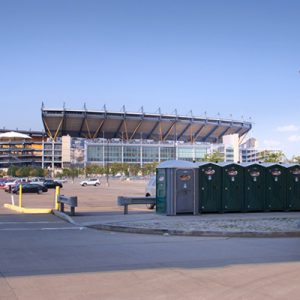Photo of Mr. John toilets lined up at Pittsburgh's Heinz Field