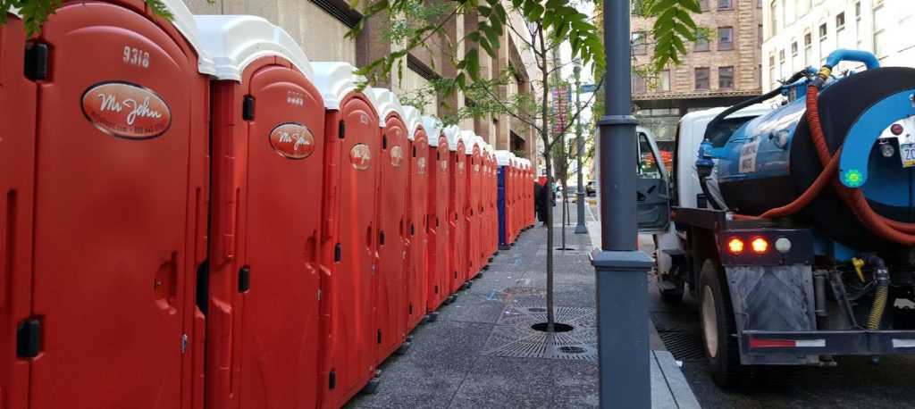 row of porta potties in downtown Pittsburgh